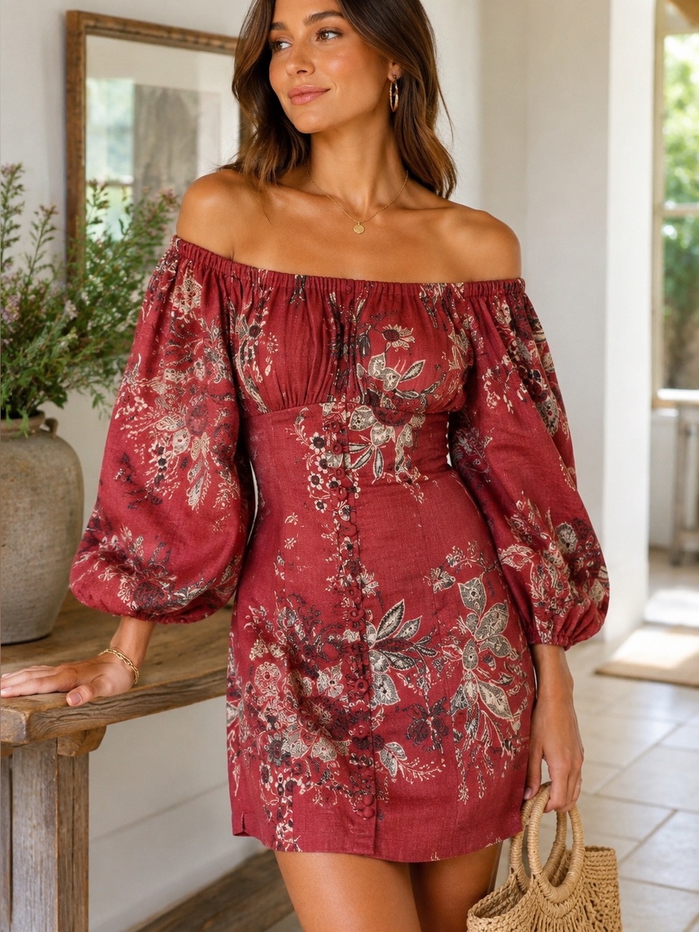 Zimmermann Juno Floral Linen Off Shoulder Mini Dress Red Size 0